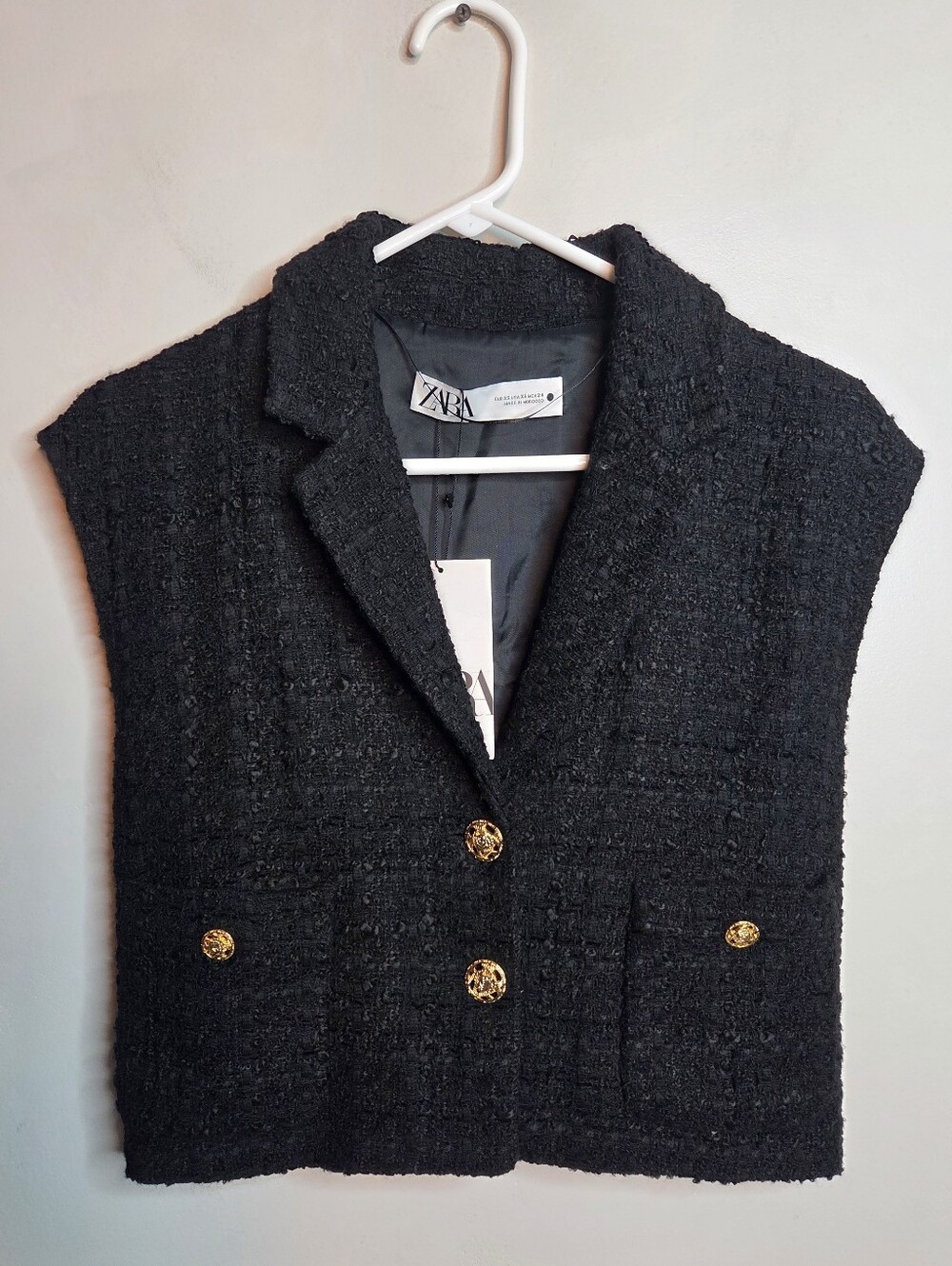 NWT Zara Black Textured Tweed Cropped Vest Gold Buttons XS
